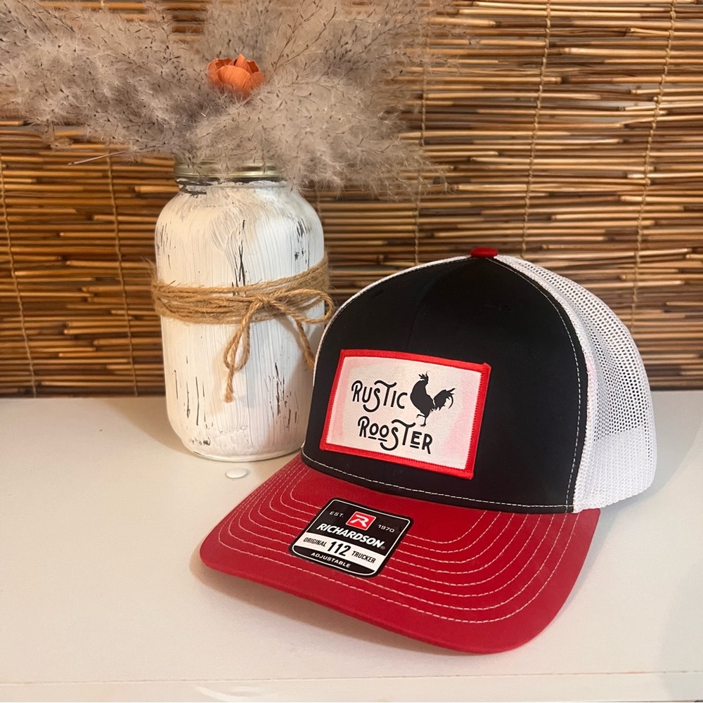 Rustic Rooster Navy and Red Cap original design